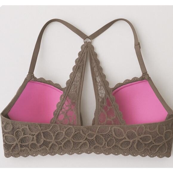 Victoria’s Secret PINK Lace Push Up Bra 36C Brown Floral Racerback Sexy Cute - Picture 4 of 7